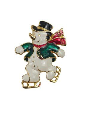 SFJ Ice Skating Snowman Pin Enamel Gold Tone Christmas Brooch Signed Holiday